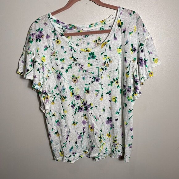 Loft Tops - LOFT Linen Floral Ruffle Sleeve Top White Blue Size Large